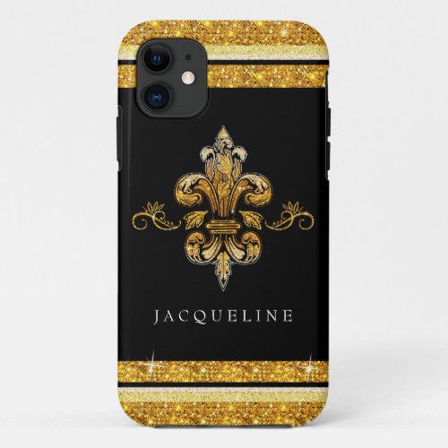 Glitter Look Faux Gold Black French Fleur de Lis iPhone 11 Case