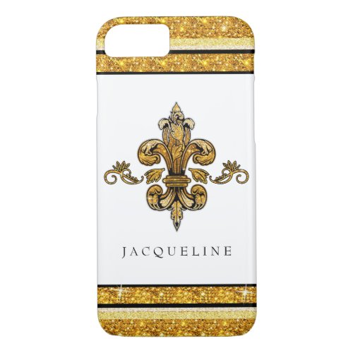 Glitter Look Faux Gold Black French Fleur de Lis iPhone 87 Case