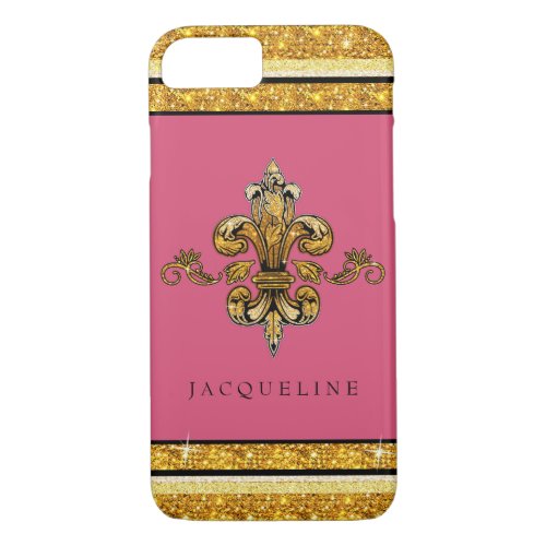 Glitter Look Faux Gold Black French Fleur de Lis iPhone 87 Case