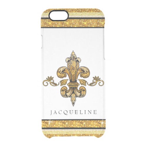 Glitter Look Faux Gold Black French Fleur de Lis Clear iPhone 66S Case