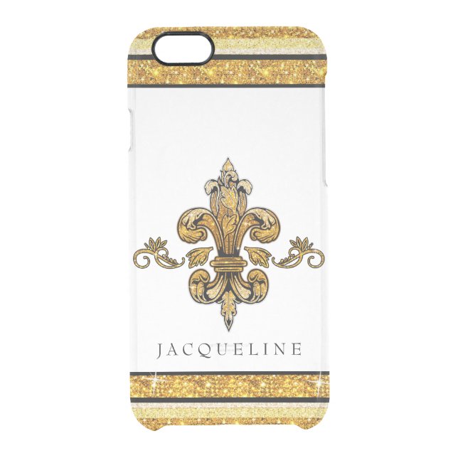Glitter Look Faux Gold Black French Fleur de Lis Uncommon iPhone Case (Back)