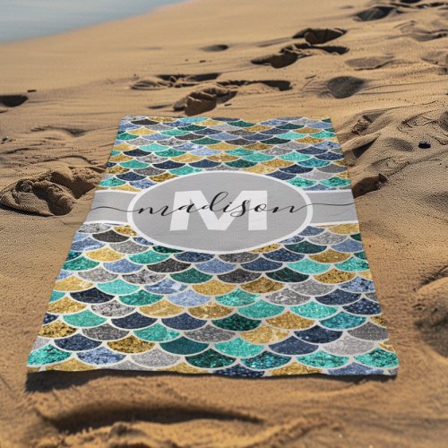 Glitter Look Mermaid Scales Monogram Colorful Cute Beach Towel