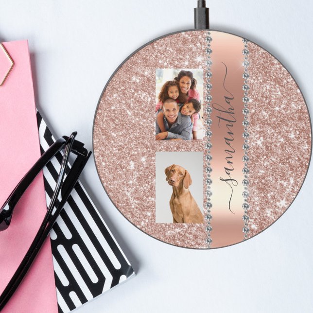 Glitter Look Monogram Rose Gold Diamond Photo Wireless Charger (Creator Uploaded)
