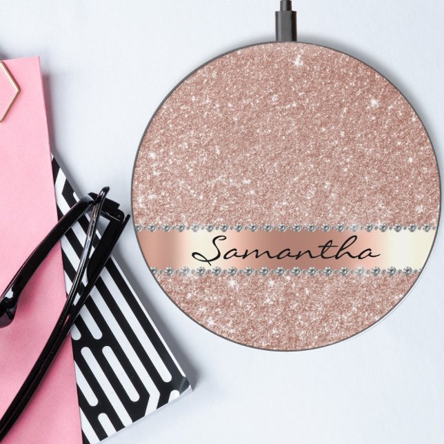 Glitter Look Monogram Rose Gold Diamond  Wireless Charger (Creator Uploaded)