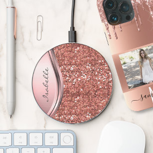 Glitter Look Monogram Rose Gold Personalized   Wireless Charger