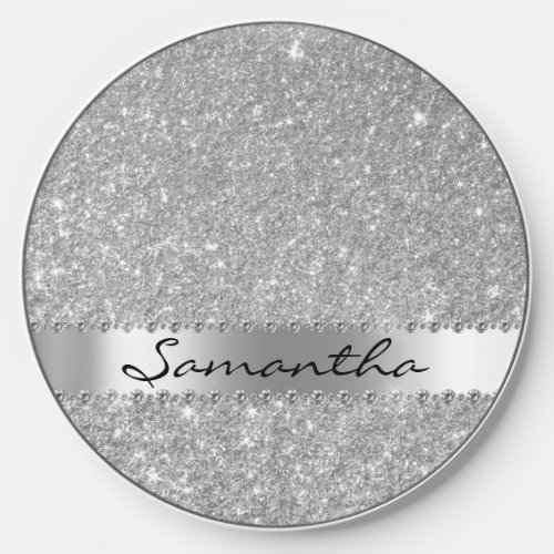 Glitter Look Monogram Silver Diamond Personalized  Wireless Charger