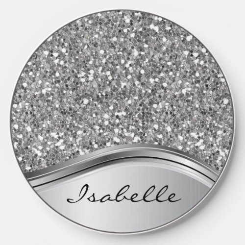 Glitter Look Monogram Silver Name Personalized  Wireless Charger