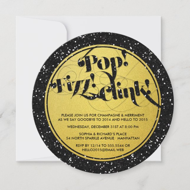 Glitter Look Pop! Fizz! Clink! New Year's Eve Invitation (Front)