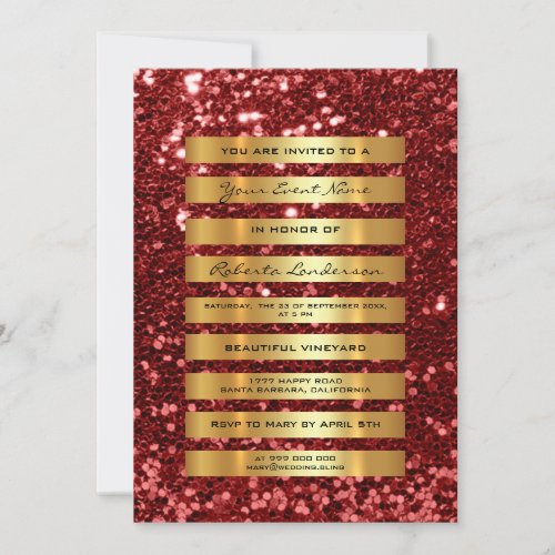 Glitter Luxury Gold Stripes Burgundy Maroon Red Invitation