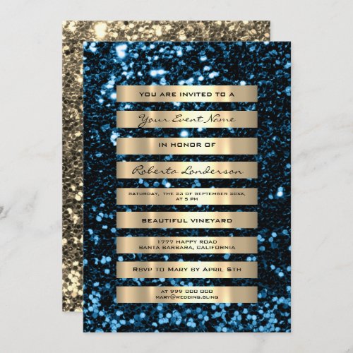 Glitter Luxury Gold Stripes Champagne   Blue Navy Invitation