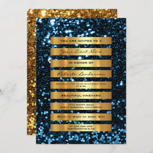 Glitter Luxury Gold Stripes Sparkly Glam Blue Navy Invitation