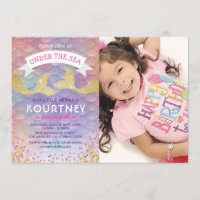 Glitter Magical Mermaid Birthday Party Photo Invitation