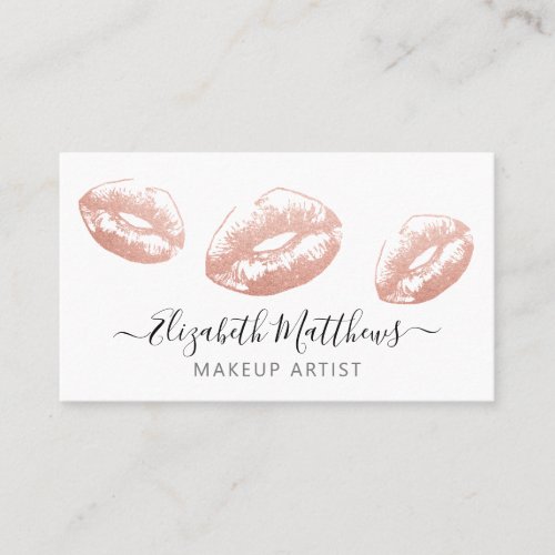 Glitter Makeup Artist Business Card - Elegant makeup artist business card featuring rose gold glitter kissing lips, your name and contact details. PLEASE NOTE: If you would like to keep the swirls at the end of the name, then please do not remove the symbols either side.