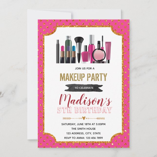 Glitter makeup birthday theme invitation (Front)