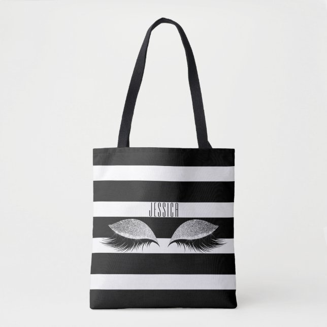 Glitter Makeup Eye Lashes Black White Stripes Name Tote Bag (Front)