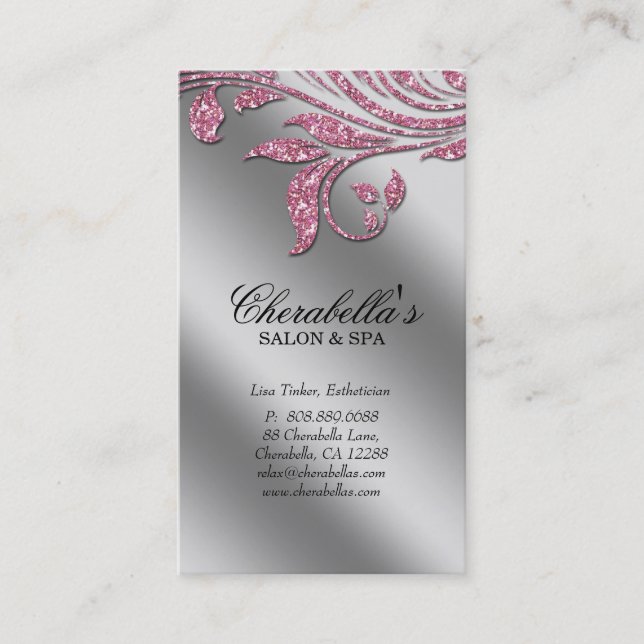 Glitter Makeup Salon Elegant Pink Silver Leaf Appointment Card (Front)