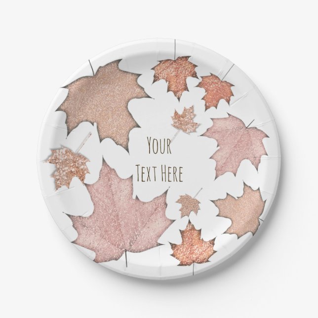 Glitter Maple Fall Leaves Golden Autumn Party Paper Plates (Front)
