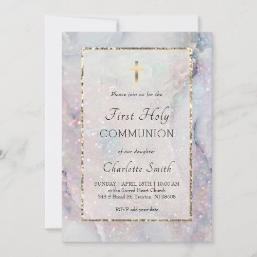 glitter marble background First Communion  Invitat Invitation