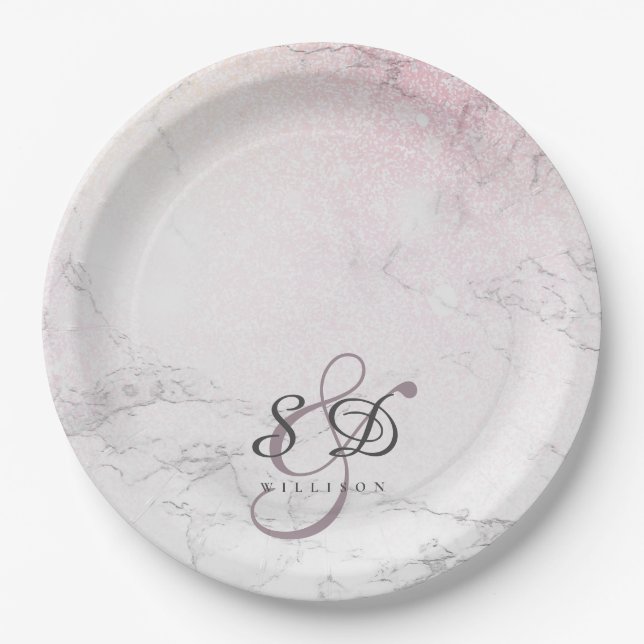 Glitter Marble couple monogram Paper Plates (Front)