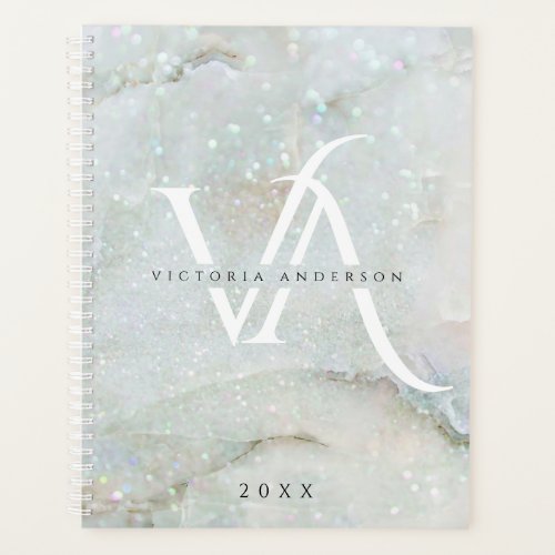 Glitter Marble Elegant White Split Monogram Custom Planner