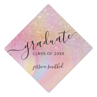 Glitter marble rainbow typography graduate graduation cap topper