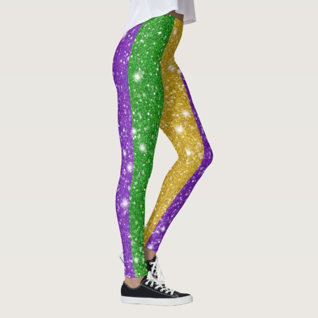 Glitter Mardi Gras Colorful Stripe Carnival Leggings (Right)