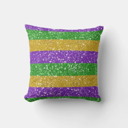 Glitter Mardi Gras Colorful Stripe Cute Carnival Throw Pillow
