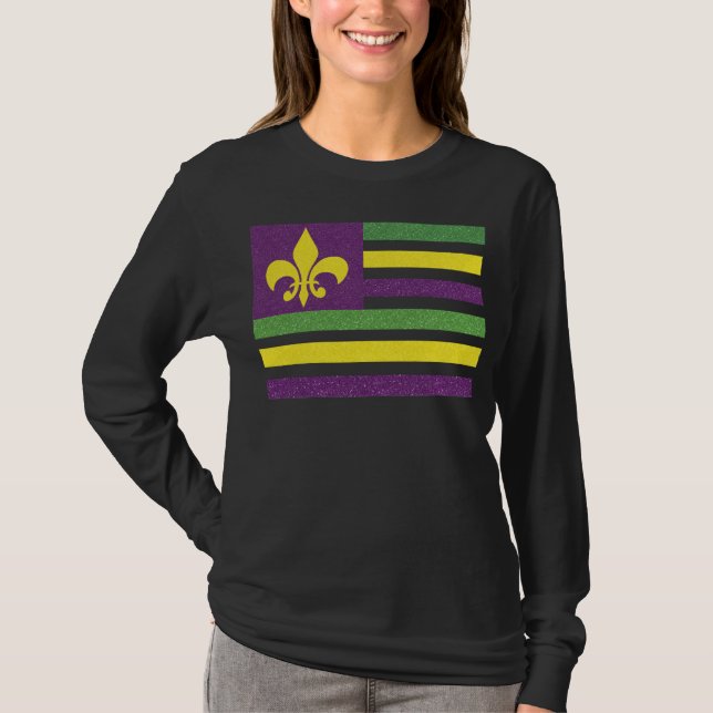 Glitter Mardi Gras Flag Fleur De Lis  T-Shirt (Front)