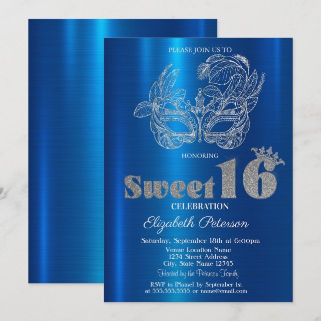 Glitter Mask Blue Metallic Sweet 16 Invitation (Front/Back)