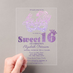 Glitter Mask Violet Sweet 16 Acrylic Invitations