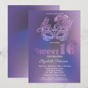 Glitter Mask Violet Sweet 16 Invitation