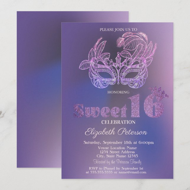 Glitter Mask Violet  Sweet 16 Invitation (Front/Back)