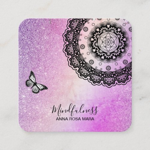  Glitter Meditation Butterfly Yoga Mandala Square Business Card