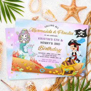 Glitter Mermaid And Pirate Under The Sea Birthday Invitation