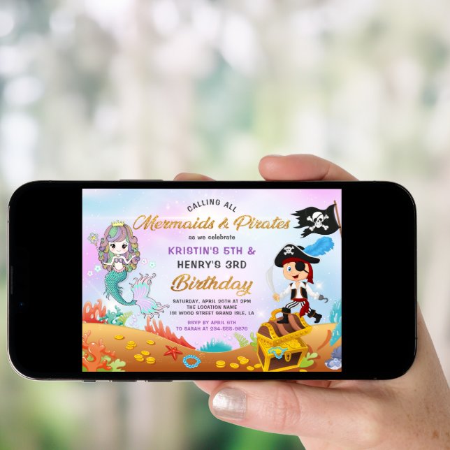 Glitter Mermaid And Pirate Under The Sea Birthday Invitation (Front Digital)