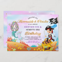 Glitter Mermaid And Pirate Under The Sea Birthday Invitation