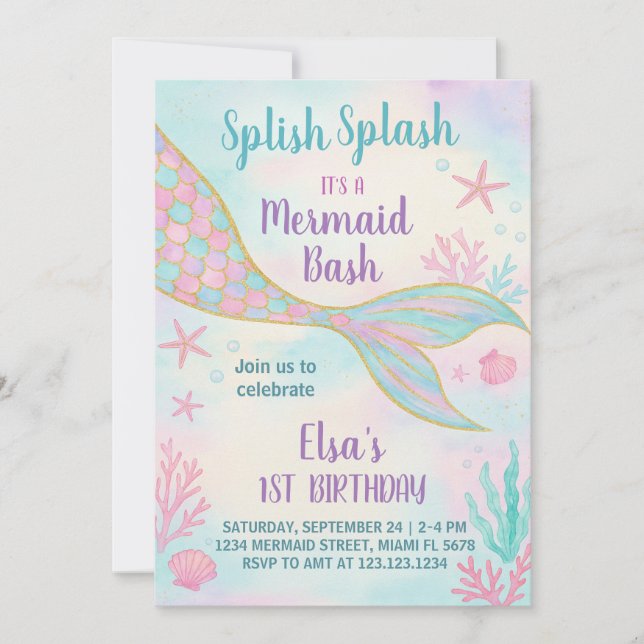 Glitter Mermaid Birthday Invitation (Front)