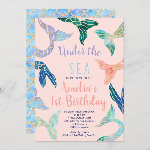 Glitter mermaid gold glitter pastel 1st birthday invitation