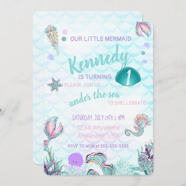 Glitter Mermaid Invitation, Under the Sea Party, Invitation (Front/Back)