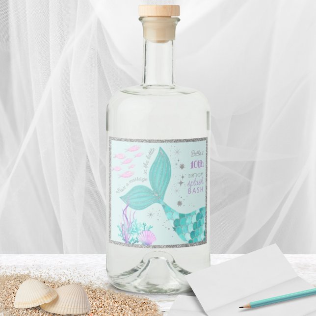 Glitter Mermaid Party Leave Message in the Bottle Liquor Bottle Label (Creator Uploaded)