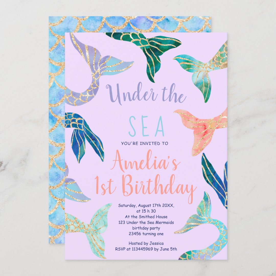 Glitter mermaid pink gold purple 1st birthday invitation | Zazzle