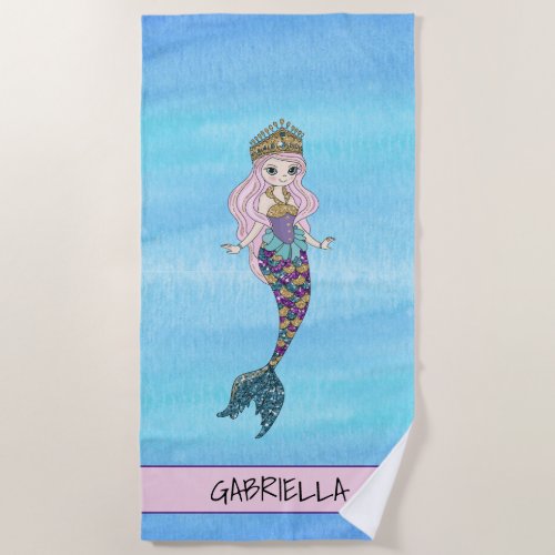 Glitter Mermaid Princess Personalized Beach Towel