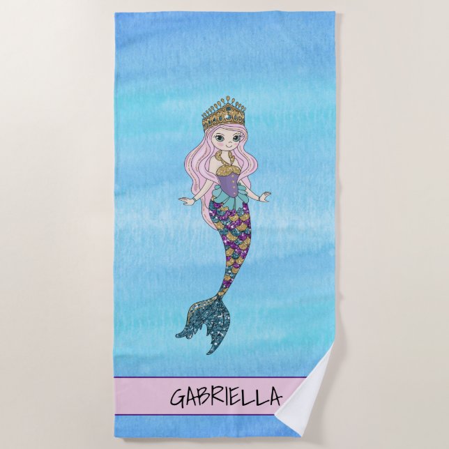 Glitter Mermaid Princess Personalized Beach Towel (Front)