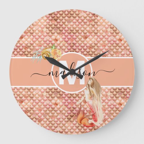 Glitter Mermaid Scales Monogram Rose Gold  Large Clock