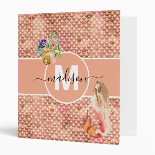 Glitter Mermaid Scales Monogram Rose Gold Pink 3 Ring Binder