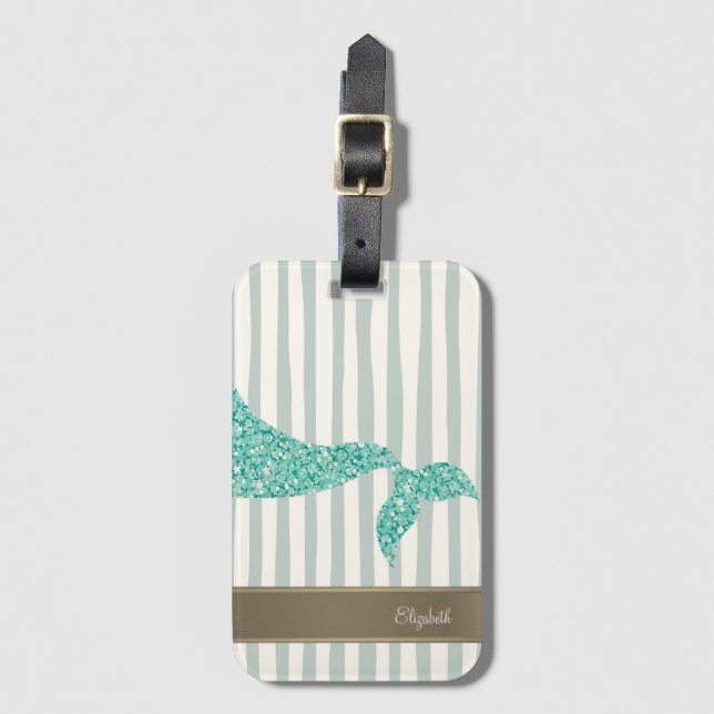 Glitter Mermaid Tail Green Stripes Luggage Tag (Front Vertical)