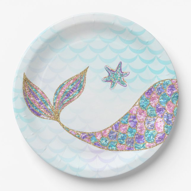 Glitter Mermaid tail Paper Plates, Under the sea Paper Plates (Front)
