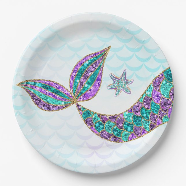 Glitter Mermaid tail Paper Plates, Under the sea Paper Plates (Front)