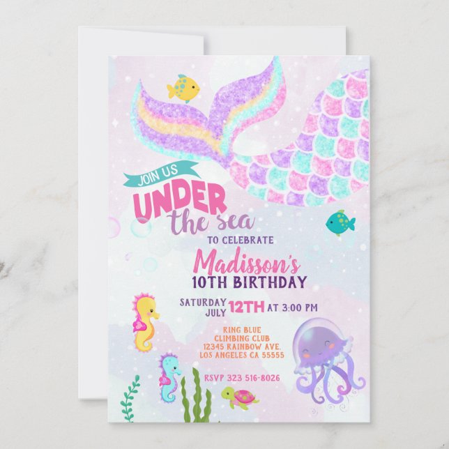 Glitter Mermaid Under the sea Birthday Invitation (Front)