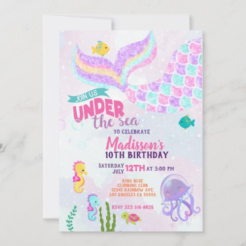 Glitter Mermaid Under the sea Birthday Invitation